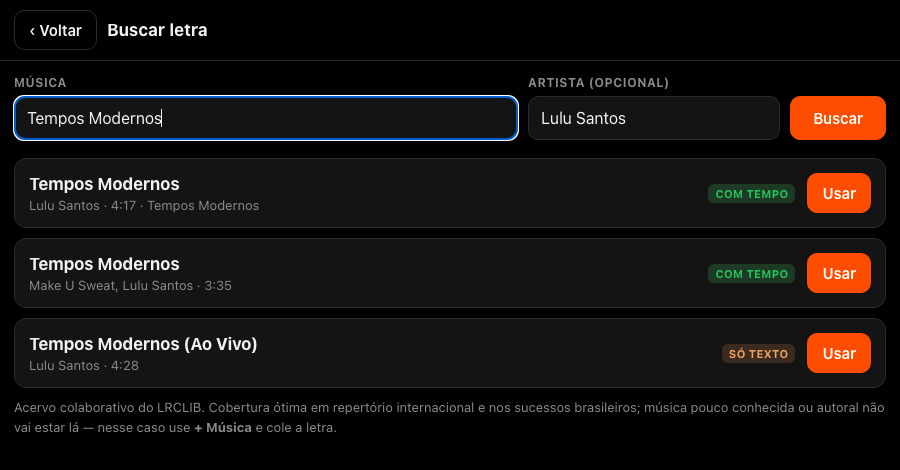 Tela de busca com resultados marcados COM TEMPO