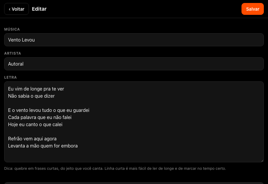 Editor de letra com nome, artista e o texto da música