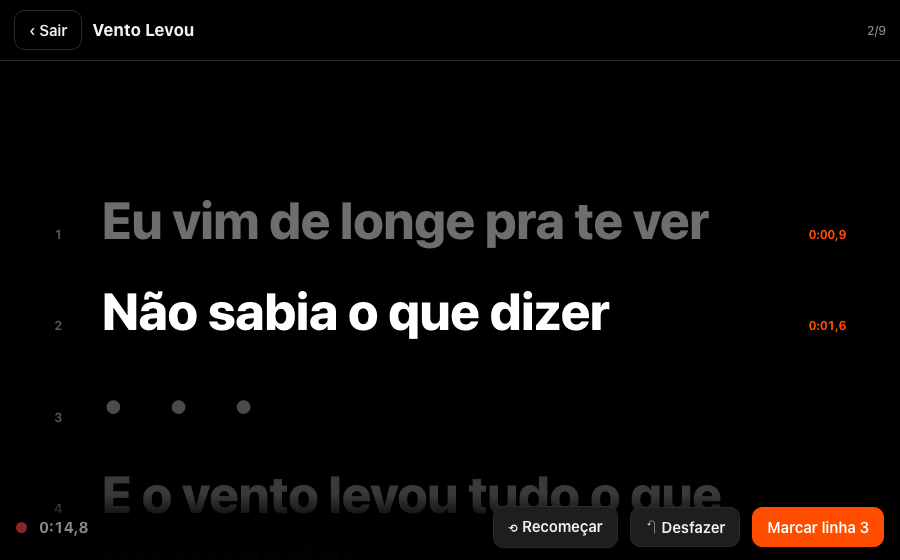 Gravação com duas linhas marcadas e a linha atual acesa