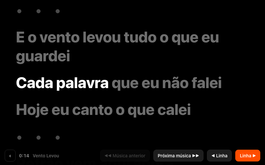 Tela do palco com a letra rolando e a frase atual destacada